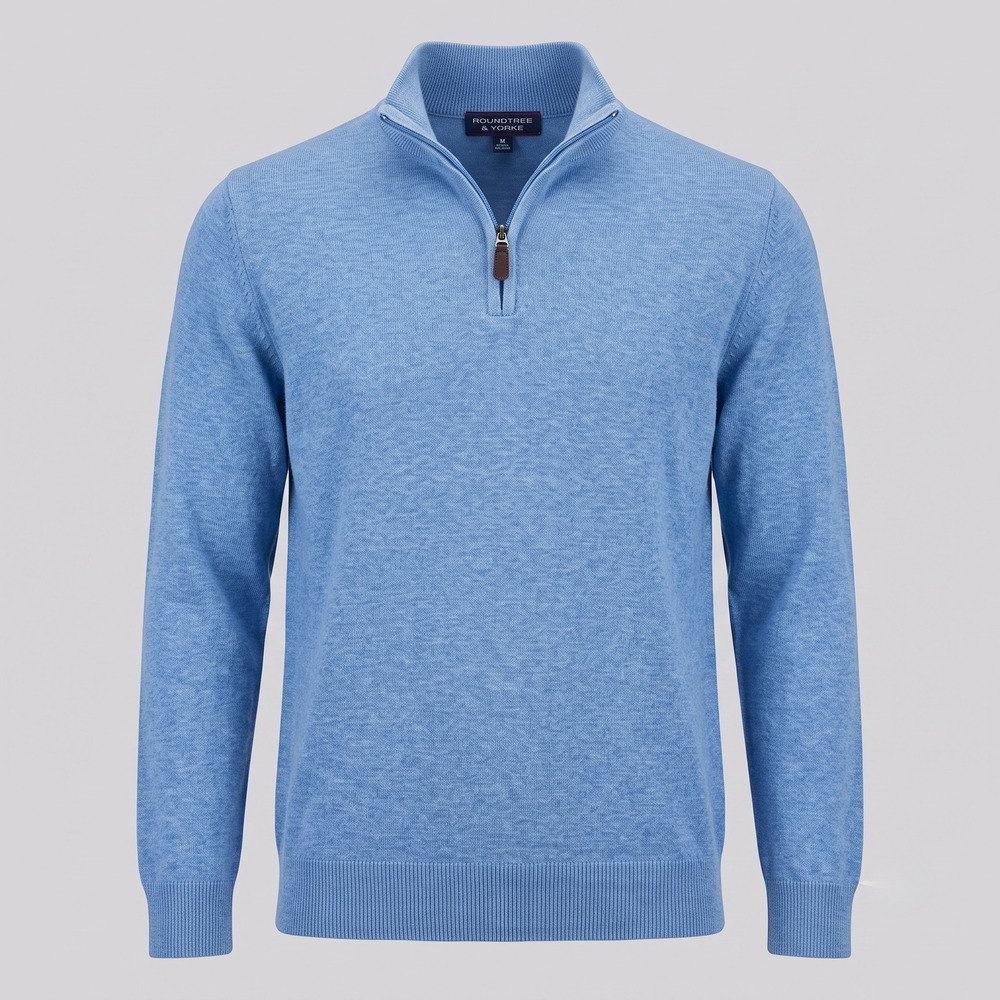 Roundtree & Yorke Mens Medium Blue Sweater 1/4 Zip Pullover Cotton Blend Solid